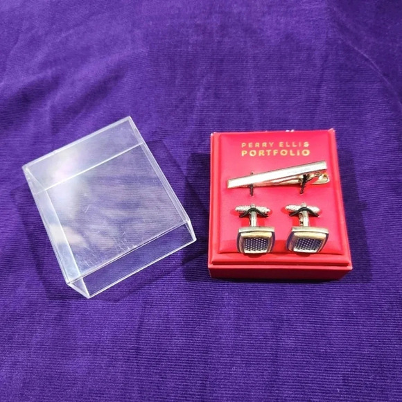 Perry Ellis Portfolio Cufflinks Silver Tone Gold Tone Tie Bar Clip Boxed - Picture 1 of 10